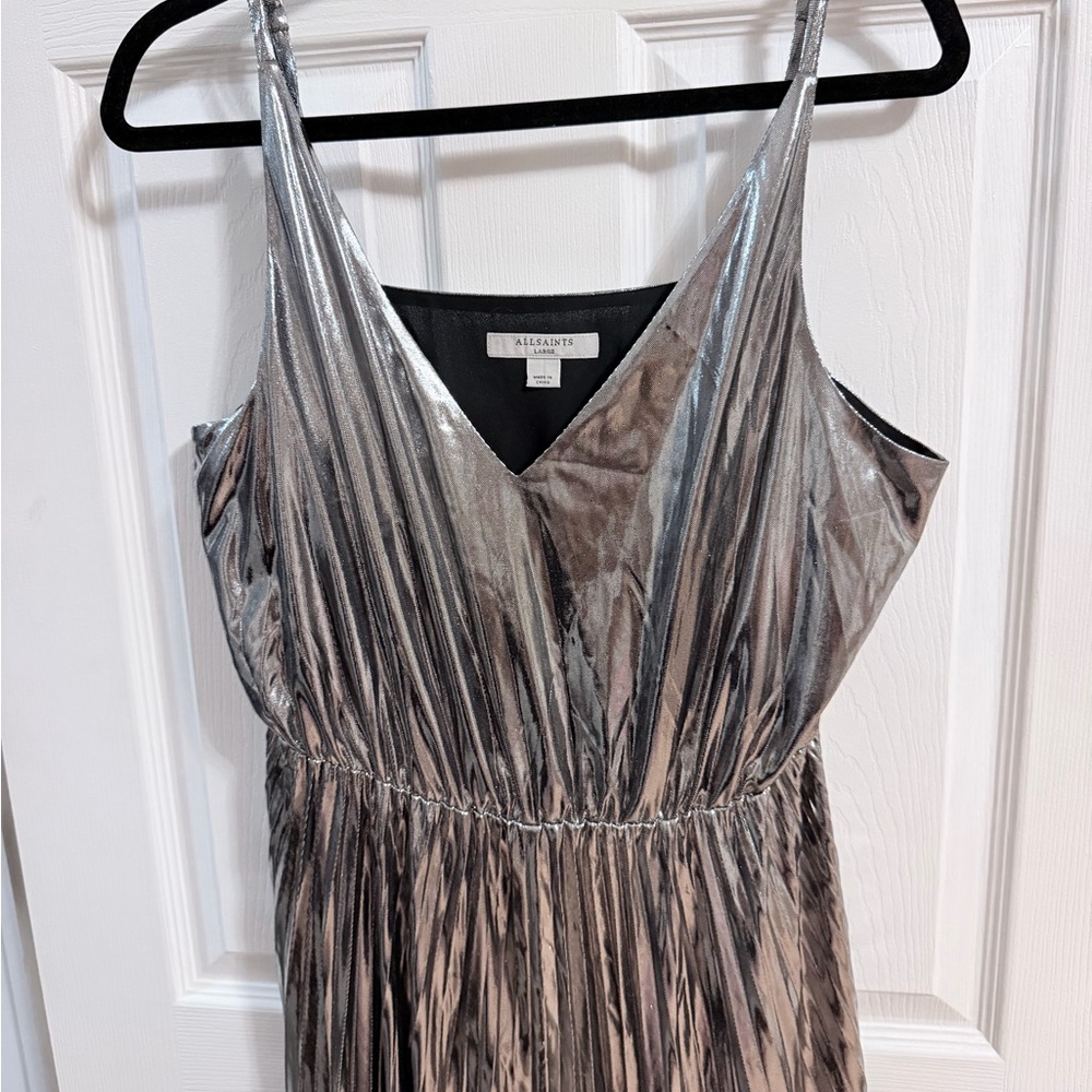 AllSaints Silver Metallic Pleated Maxi Dress